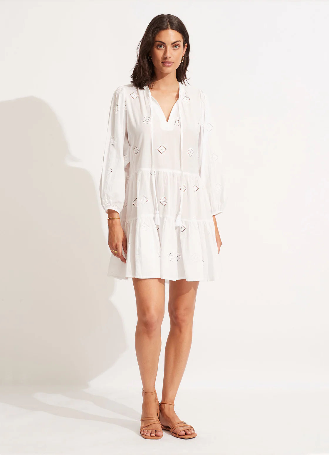 Seafolly Tiered Embroidered  Mini Dress - White