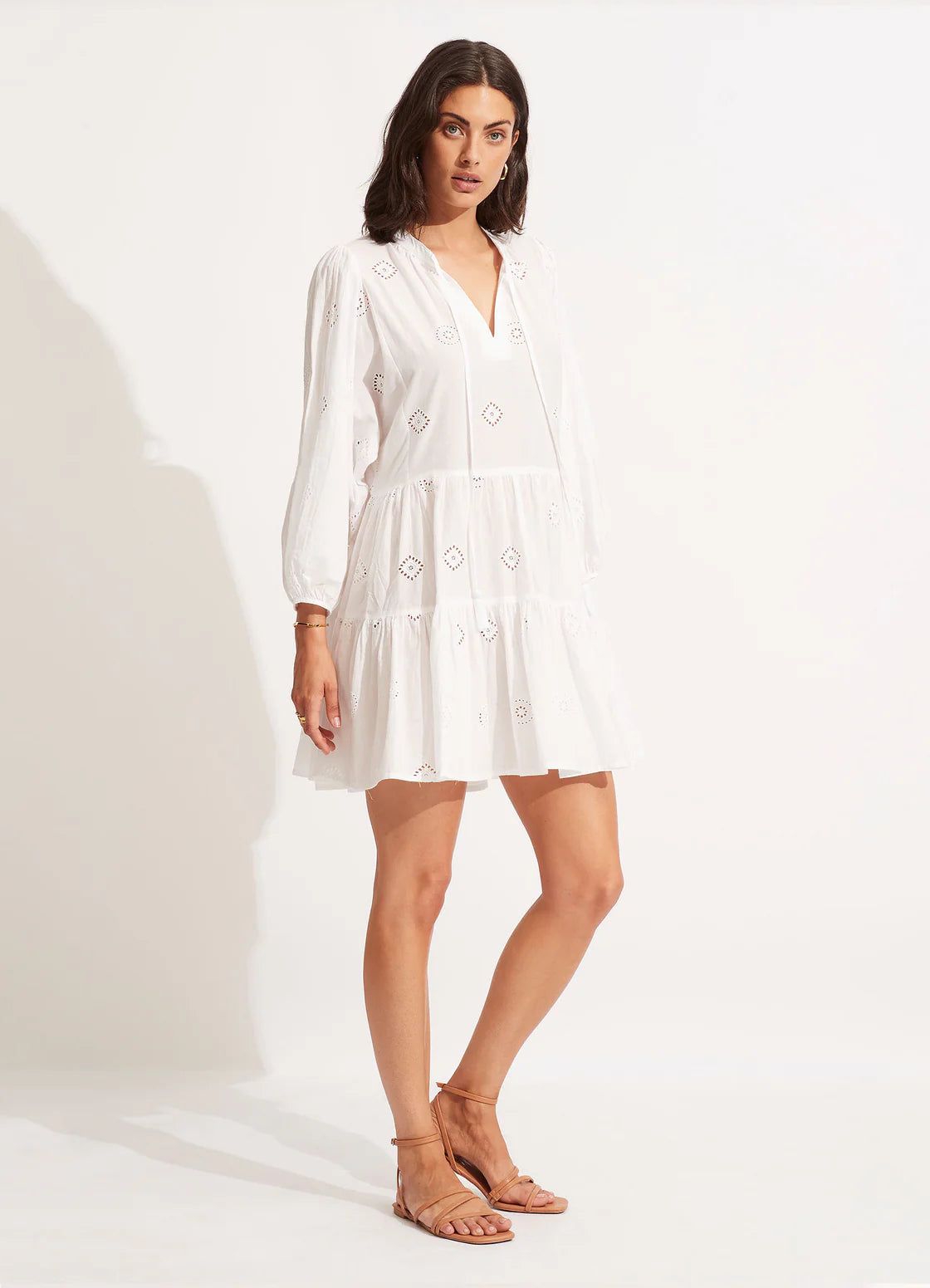 Seafolly Tiered Embroidered  Mini Dress - White